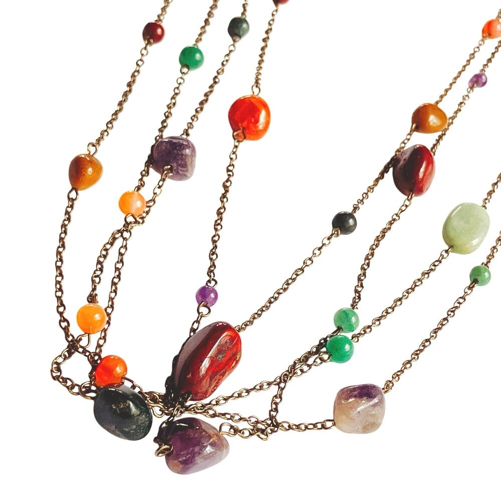 Vintage Y2K Boho Gemstone Necklace Long Tumbled Stone Beads Chain Layering